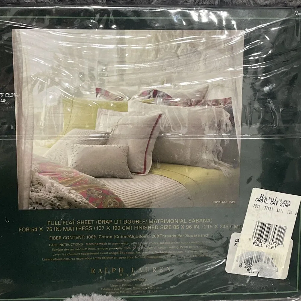 Vintage LAUREN Ralph Lauren‎ Crystal Cay Lime Striped Full Flat Sheet NEW SEALED